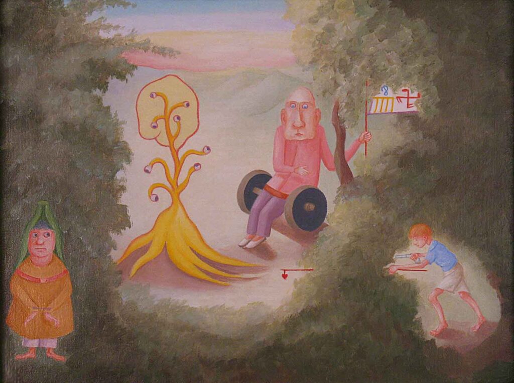 Fantastical painting of cartoonish figures in a wooded landscape