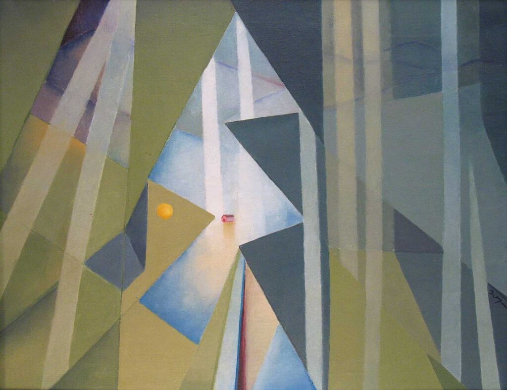 Abstract oil painting showing large, jagged shapes surrounding a tiny, distant house