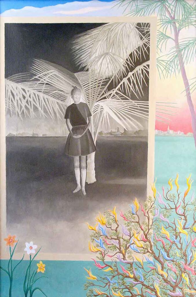 Painting of photo negative of young girl next to palm tree in front of tropical color landscape